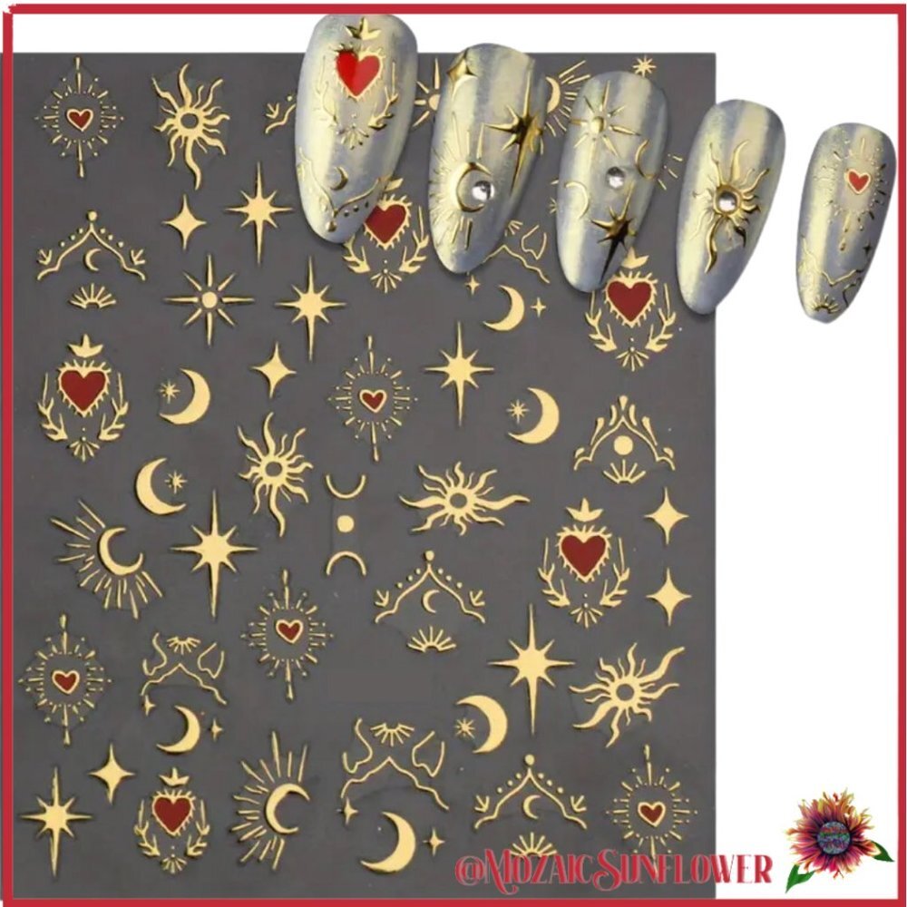 Dimensional Celestial Nail Art Gold and Deep Red 🌻🌻5 𝐅𝐨𝐫 $𝟗🌻🌻